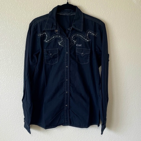 Cruel Western Shirt Pearl Snap Rhinestone Black Button Down Women’s M Goth Top - Picture 1 of 12
